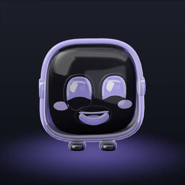 The Munu droid, a dark glass robot with a glowing violet smile, while it answers out loud