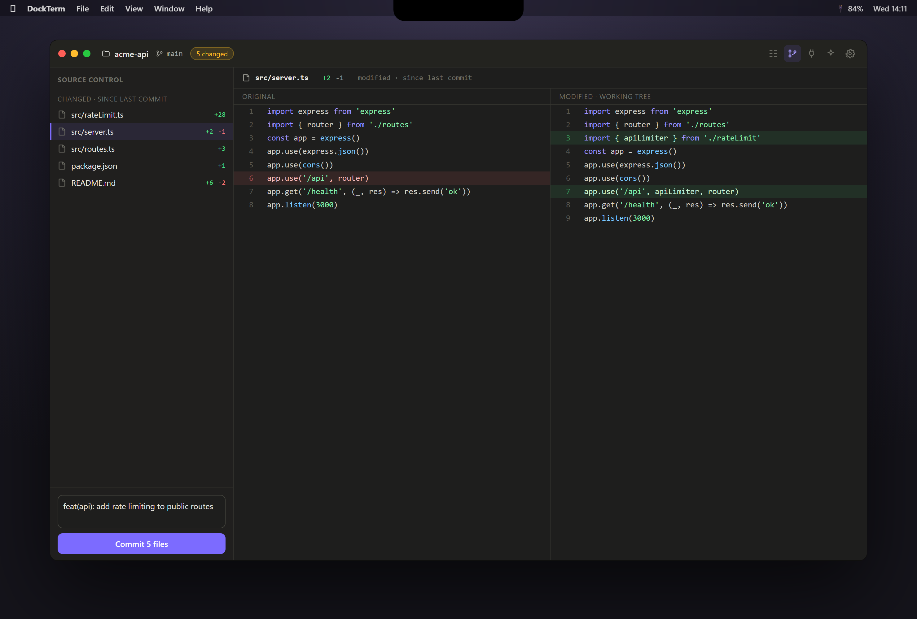 Side-by-side diff review with a commit box