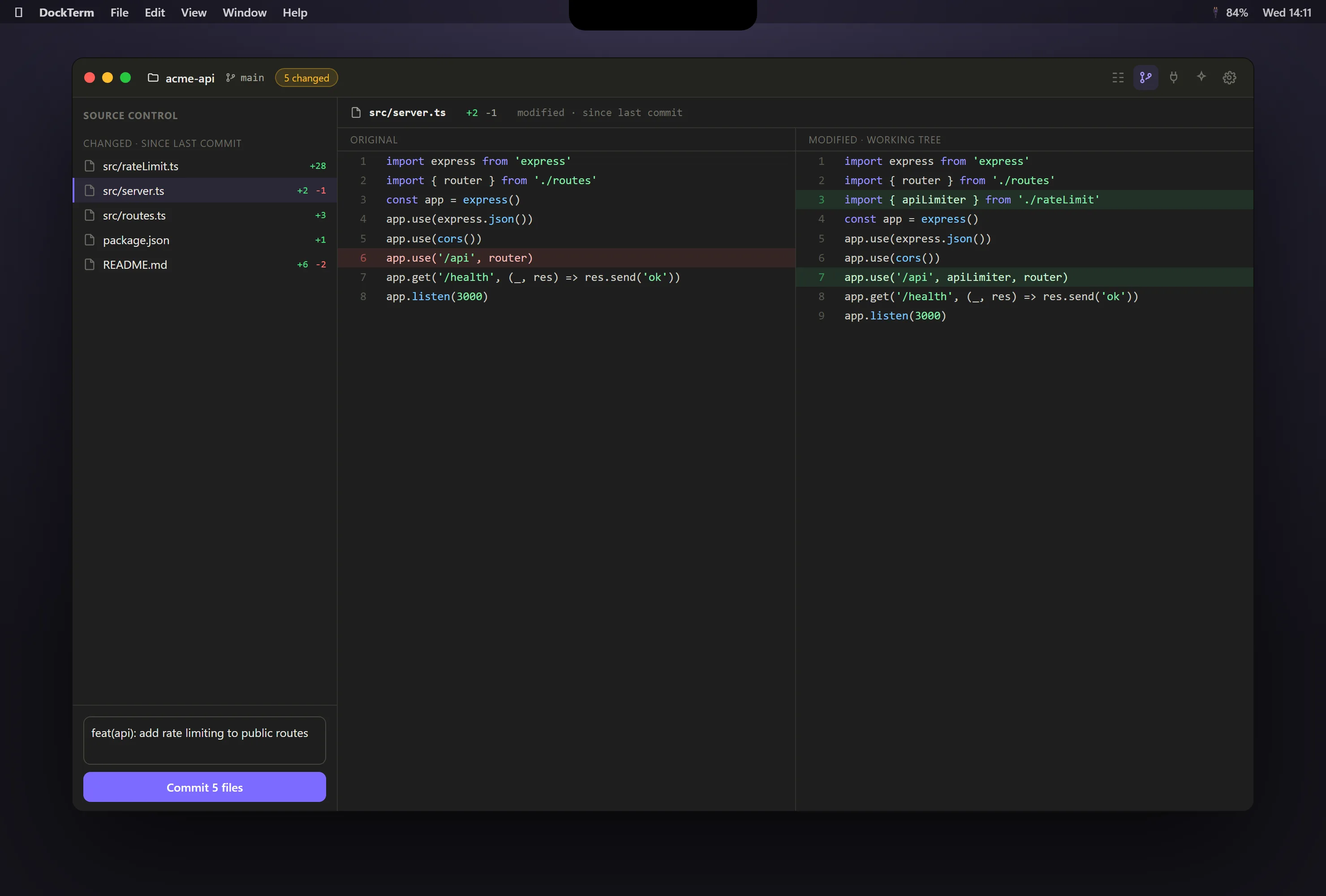 Side-by-side diff review with a commit box