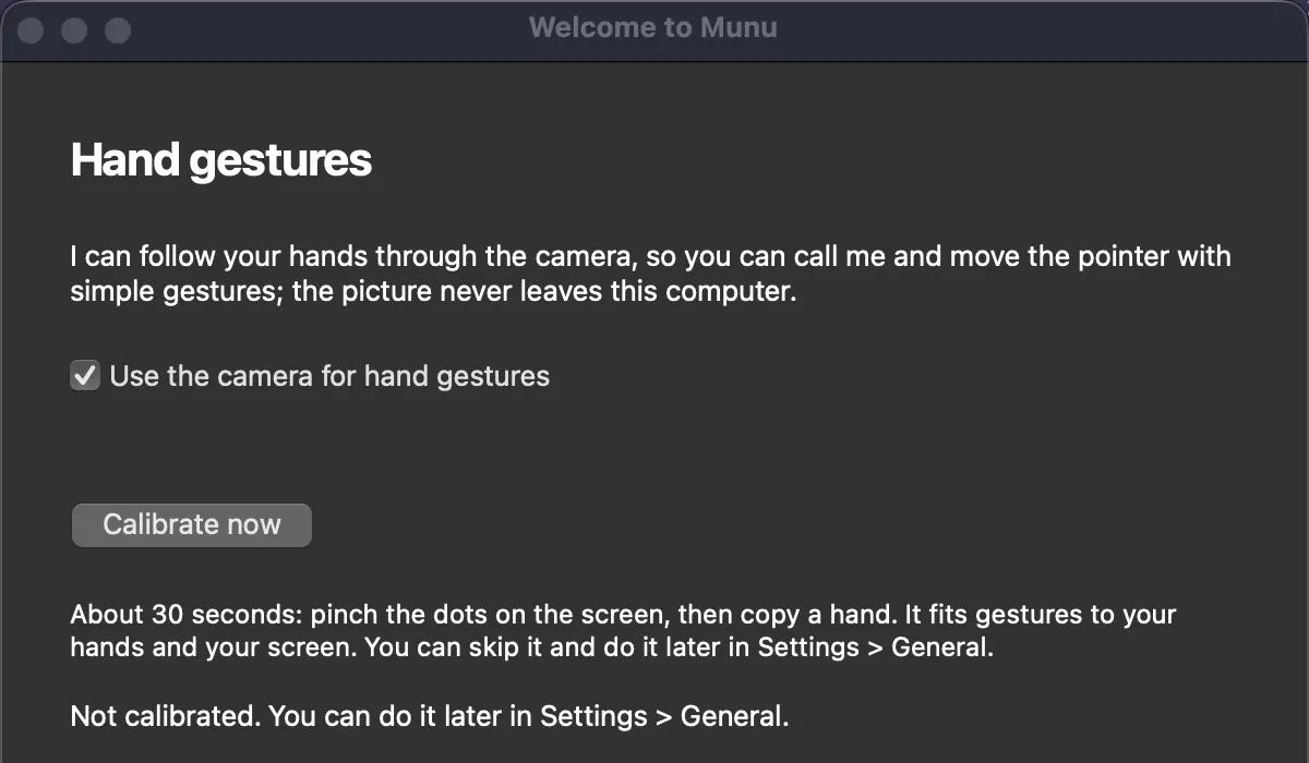 The Hand gestures step of Munu’s first-run window, with the camera switch and a Calibrate now button