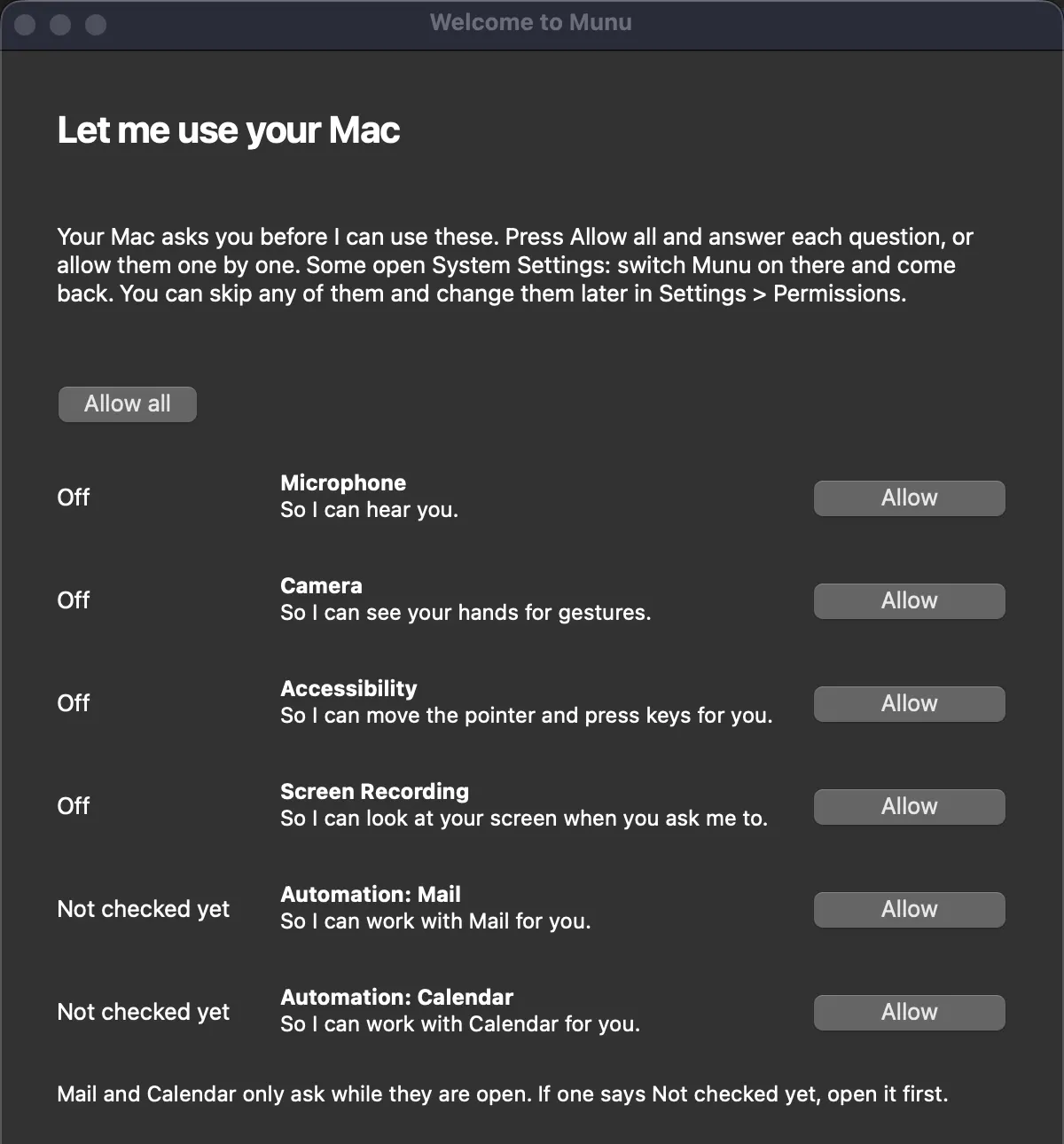 The permissions step of Munu’s first-run window on a Mac, listing each permission with one line on why